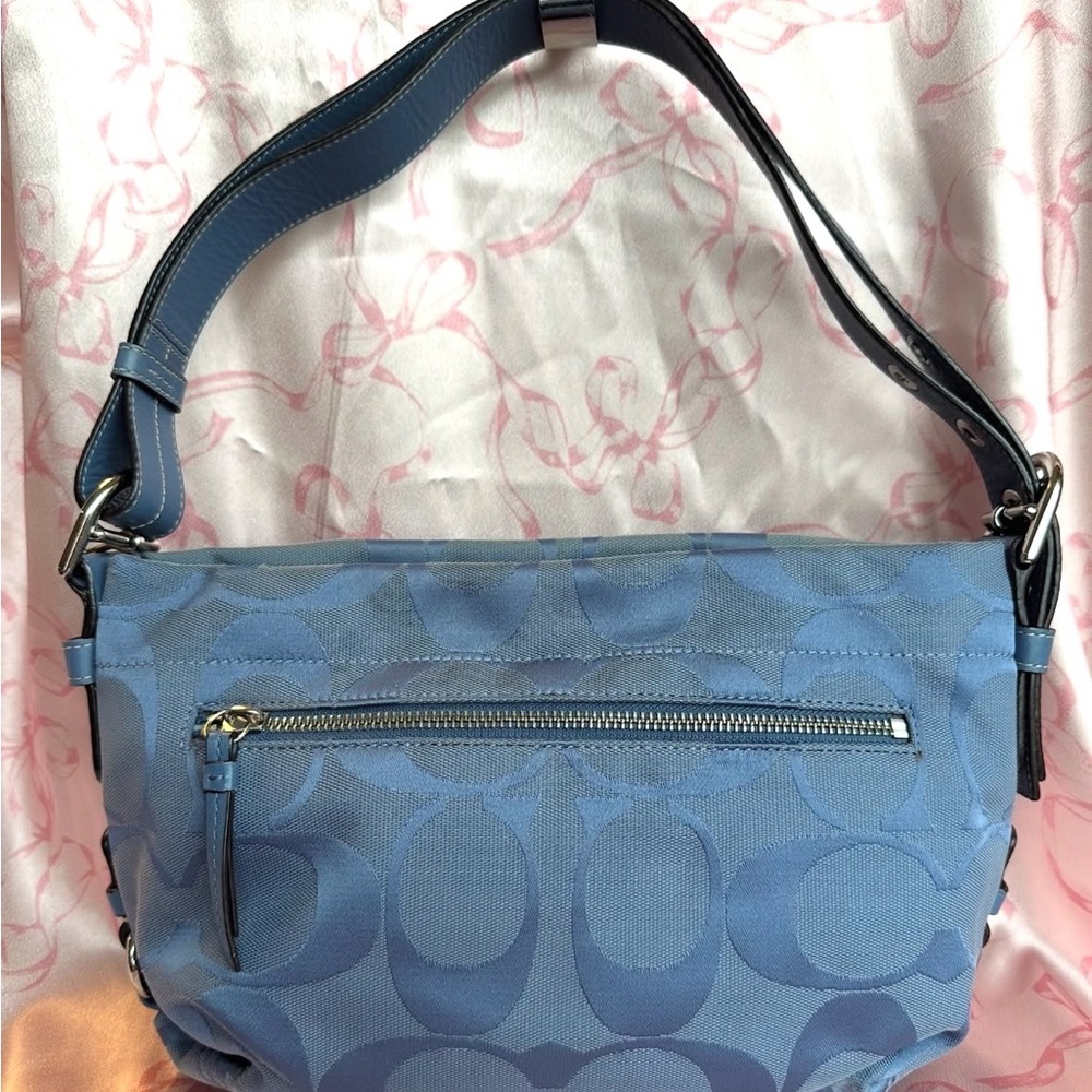 Coach Blue Signature Jacquard Shoulder Bag with Leather Strap